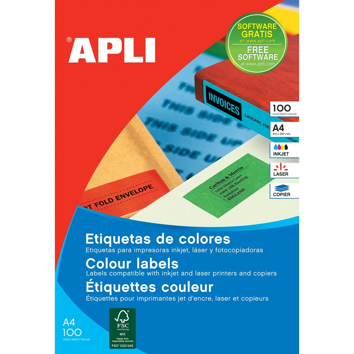 Apli - Colored labels ft 105 x 37 mm (w x h), red, 1,600 pieces, 16 per sheet, box of 100 sheets