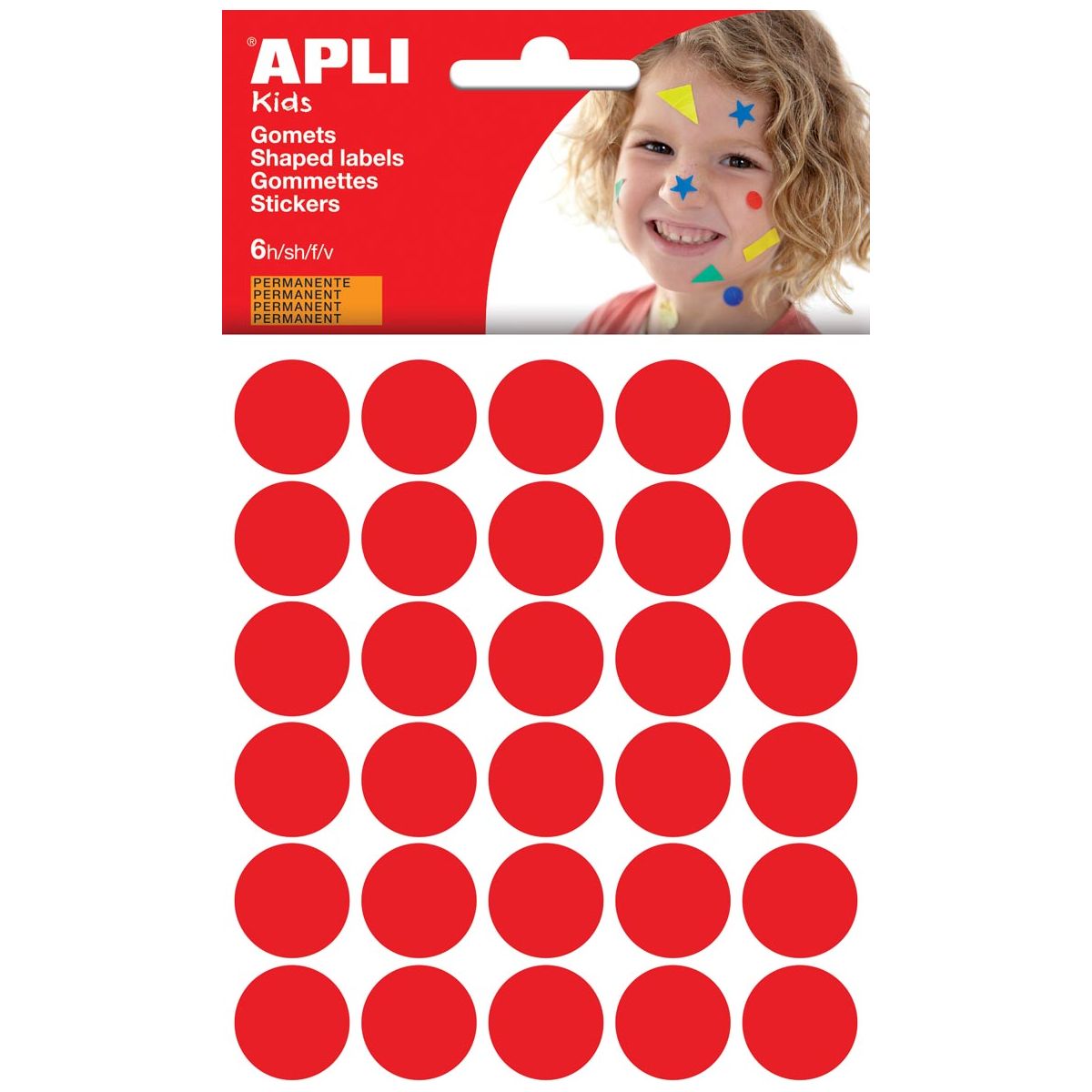 Apli Kids - Kids stickers, cirkel diameter 20 mm, blister met 180 stuks, rood