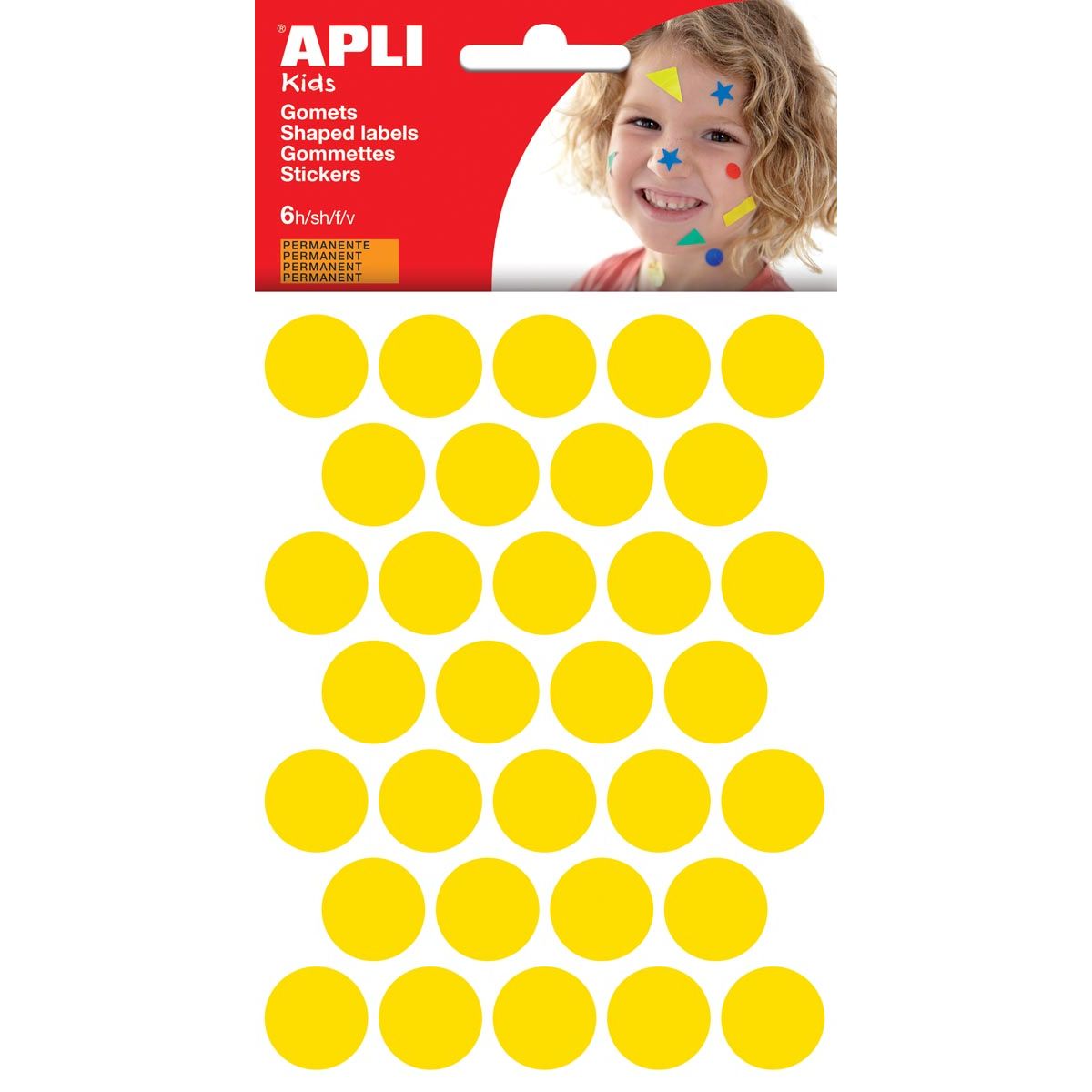 Apli -  Kids stickers, cirkel diameter 20 mm, blister met 180 stuks, geel