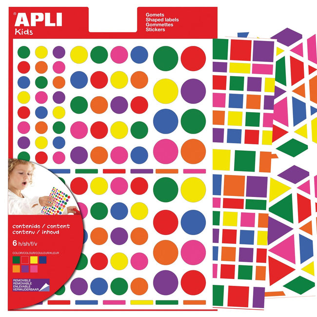Apli Kids - Adesivi removibili per bambini, forme, colori e dimensioni assortite, blister da 664 pezzi