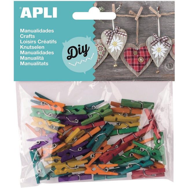 Apli - mini pinces à linge colorées en bois, blister de 45 pièces de couleurs assorties
