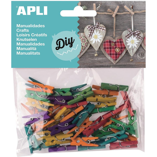 Apli - mini-pêches à linge de couleur en bois, boursoue avec 45 pièces en couleurs assorties