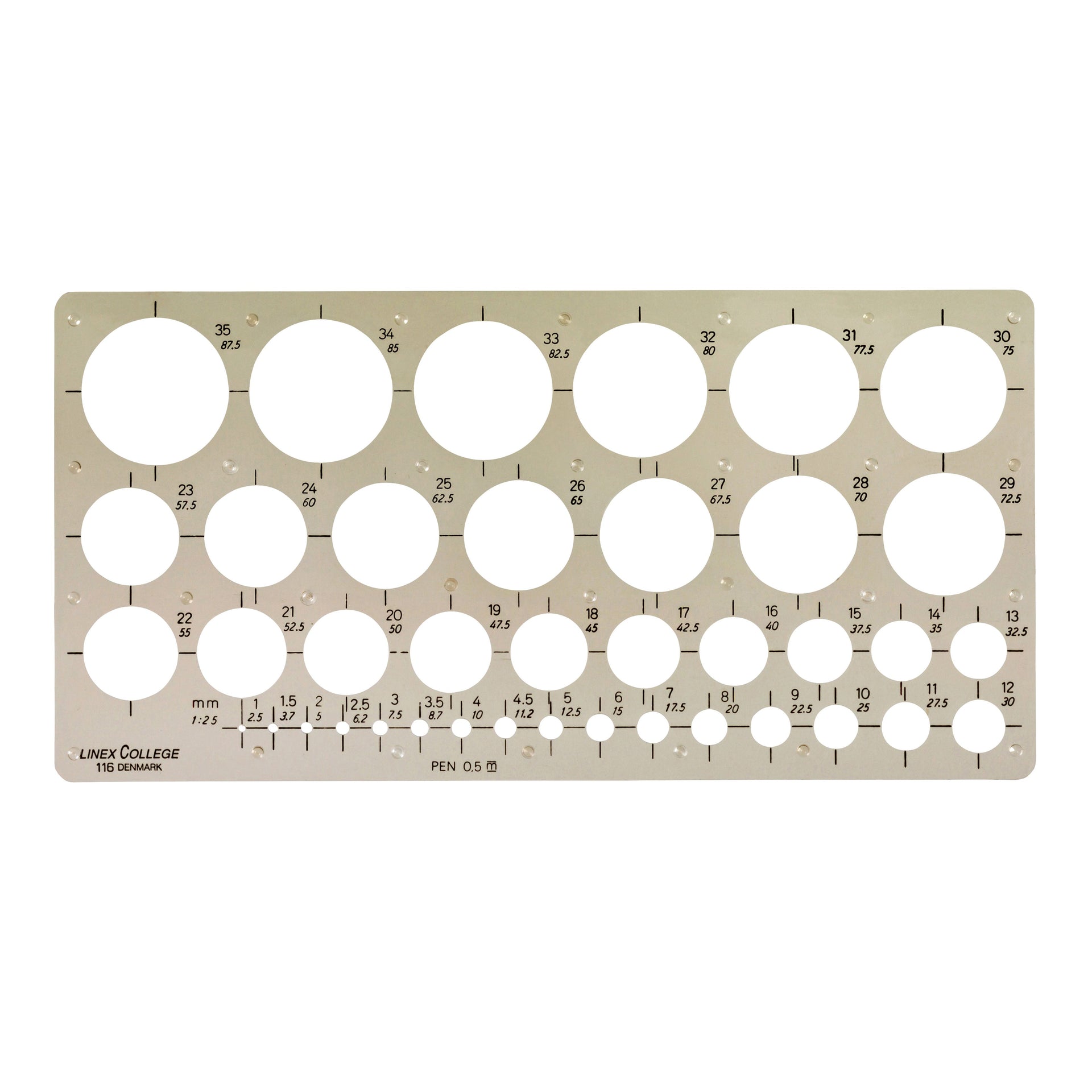 Linex - Circle template 39 circles with ink feet 1-35mm gray