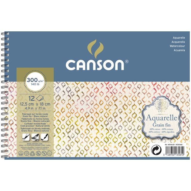 Canson - Aquarellblock Canson 125x18ocm 12V 300gr feine Spirale | 1 Stück