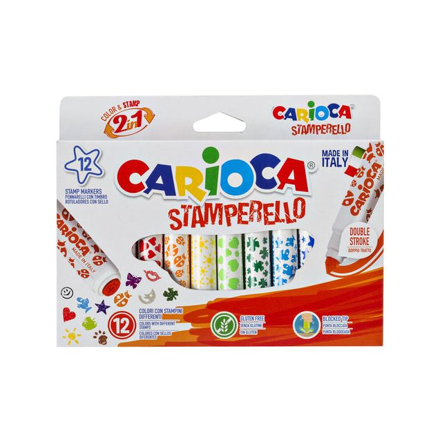 Cararioca - Stampstift Stamerello, 12 Marker (= 12 Farben und 12 Briefmarkenmotive)