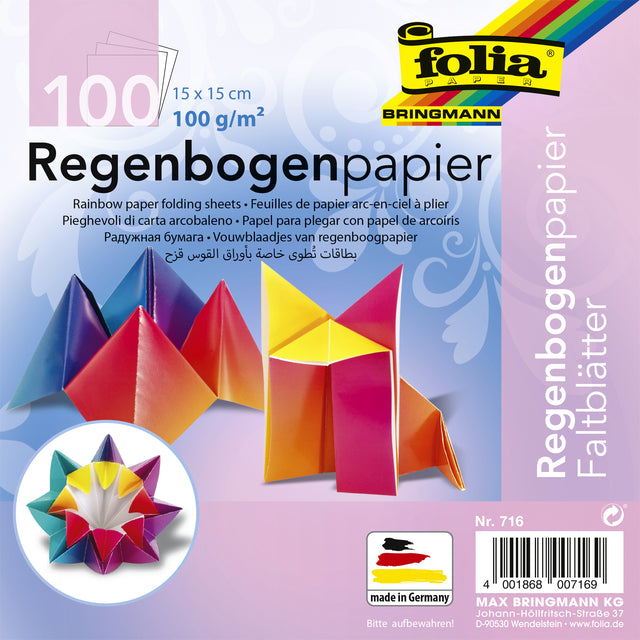 Folia Paper - Feuilles pliantes Folia 100gr 15x15cm 100v Regenboog | Pack de 100 draps