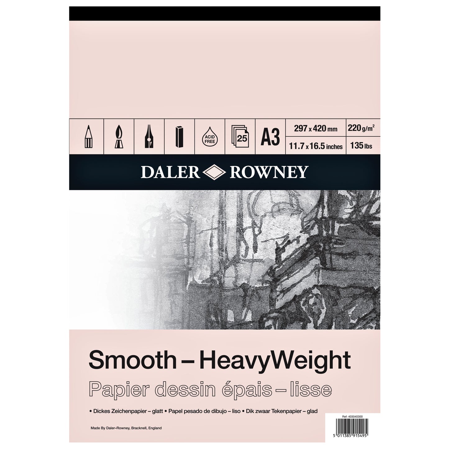 Daler-Rowney -  Tekenpapier -Rowney Smooth Heavyweight 220gr A3 natuurlijk wit
