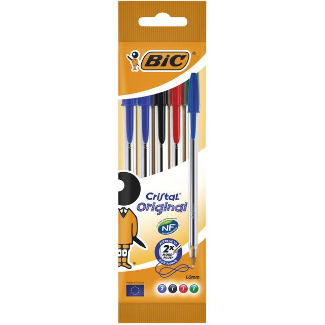 BIC - balpen Cristal Medium blister van 5 stuks in geassorteerde kleuren: 2 x blauw, groen, rood en zwart