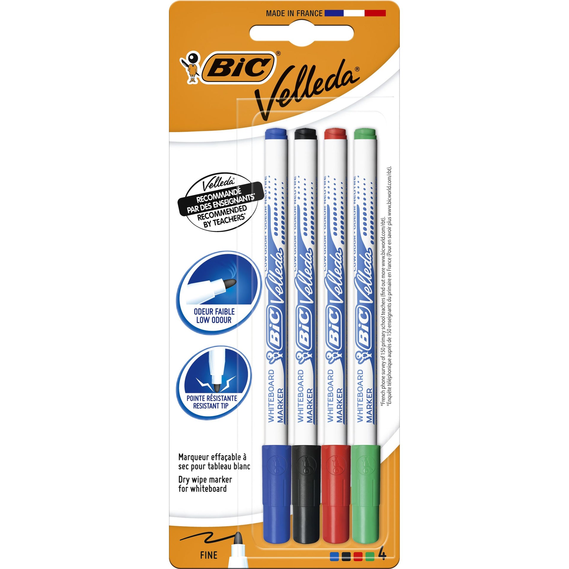 Bic - Marqueur tableau blanc Velleda 1721 rond fin assorti blister de 4 pièces