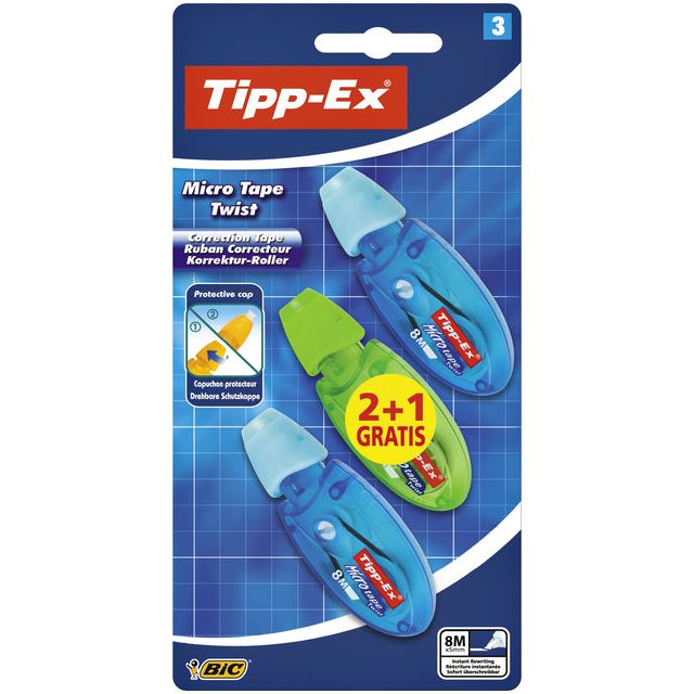 Tipp-Ex - correctieoller Micro e Twist blauw en groen, blister 2+1 gratis