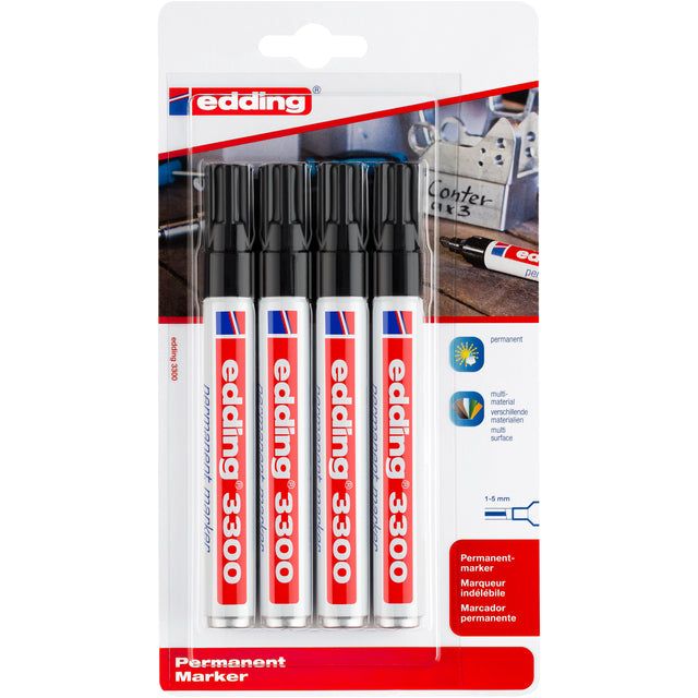 Edding - permanent marker 3300 blister met 4 stuks, zwart