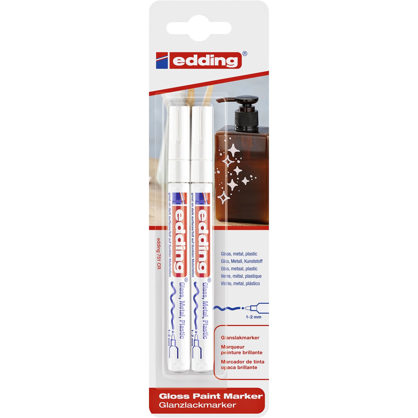 Edding -  Paintmarker  751 op oliebasis 1-2mm wit blister à 2 stuks