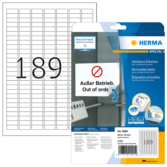 Herma - Herma 10001 E4 25,4x10mm Etikett Abnehmbares Weiß | Pack von 25 Blättern