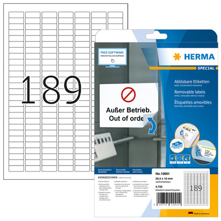 HERMA - Etiqueta 10001 A4 25,4x10mm removible blanco 4725 etiquetas