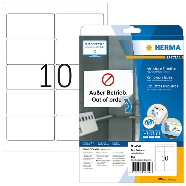 Herma - Herma 4349 Label 96x50.8mm Abnehmbares Weiß | Pack von 25 Blättern