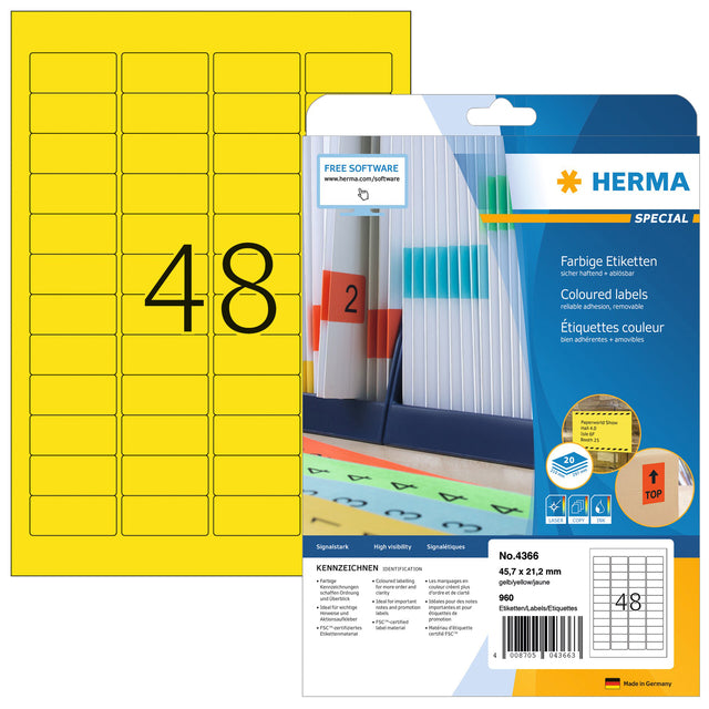 Herma - Etikett 4366 A4 45.7x21.2mm Abnehmbares Gelb