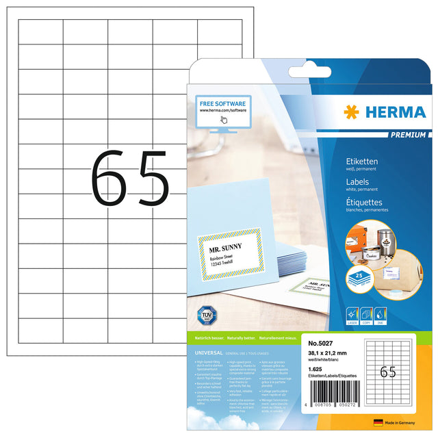 Herma - Herma 5027 Label 38.1x21.2mm Premium White | Pack de 25 draps