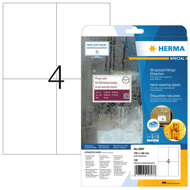 HERMA - HERMA 4697 Étiquette 105x148mm A4 météo-résistant blanc | Pack de 25 draps