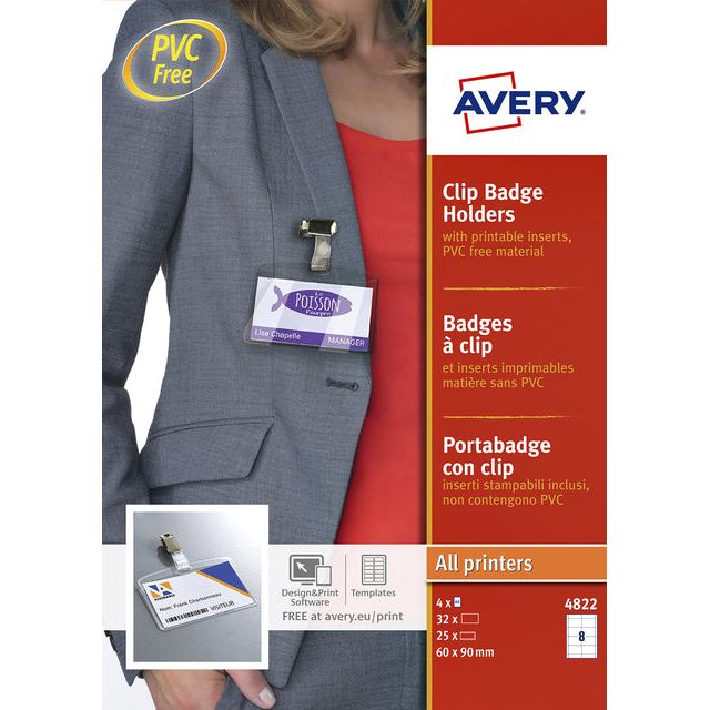 Avery - Abzeichen Avery 4822 mit Clip + Einfügenkarten 60x90mm | Box ein 25 Stück