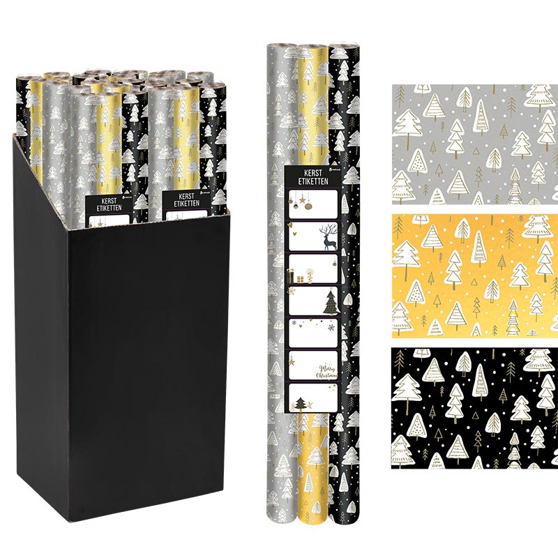 Klika -  Geschenkpapier Kerst, 70 cm x 2 m, zwart, goud, zilver, pak van 3 stuks