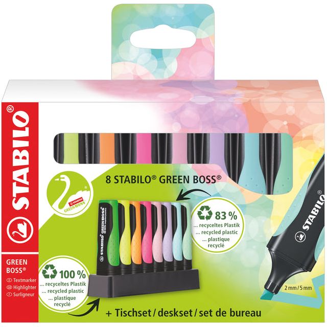 STABILO - GREENBOSS PASTEL markeerstift, deskset van 8 stuks in geassorterde kleuren