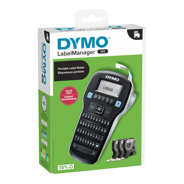 Dymo - LabelManager 160 Value Pack: 3 x D1 e, zwart op wit, 12 mm + 1 x LabelManager 160P, qwerty