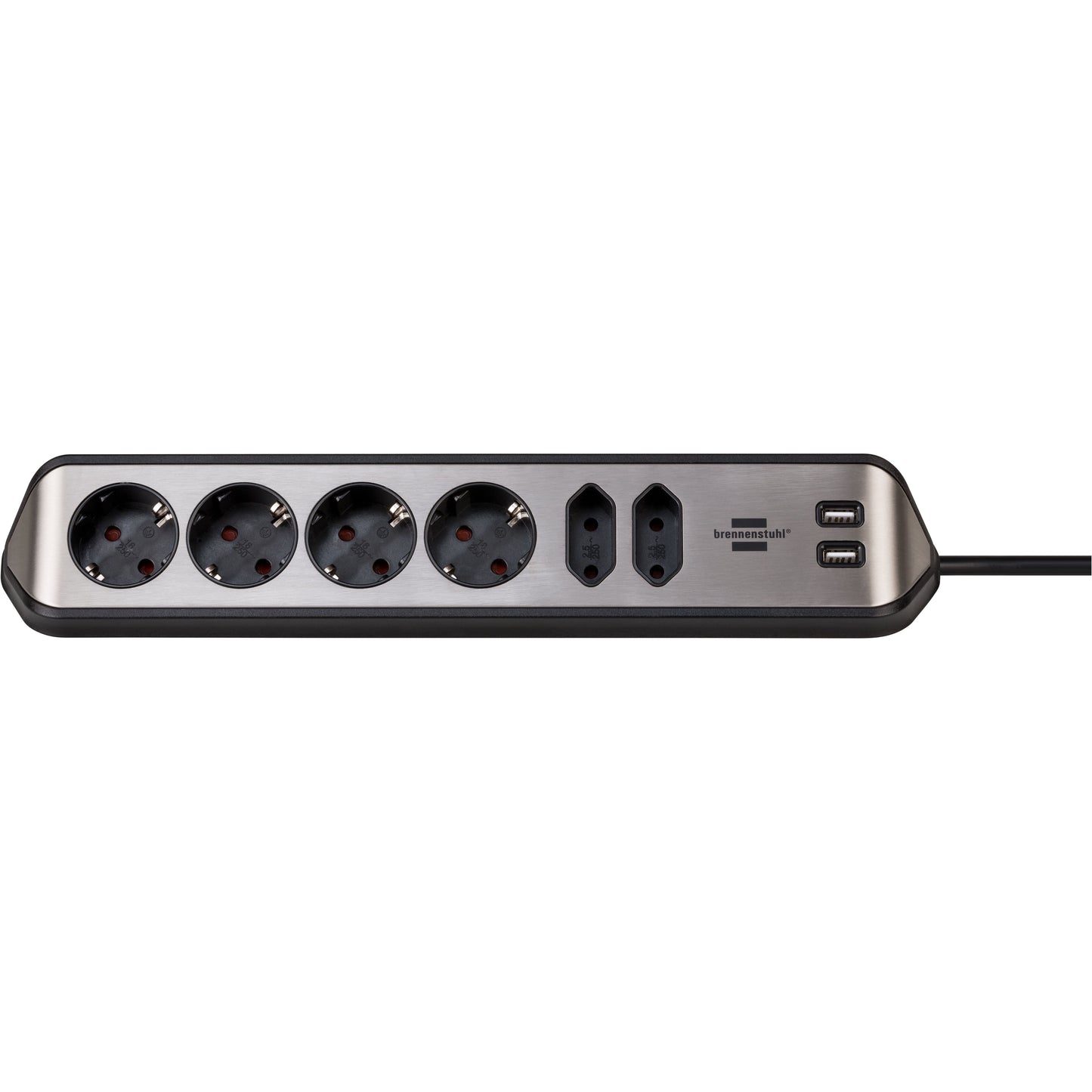 Brennerstuhl - Estilo Tischsteckdose 6-fach inklusive 2 USB 2 Meter schwarz/silber | 6 Stück