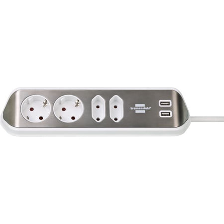 Brennerstuhl - Presa da tavolo Estilo a 4 vie incluse 2 USB 2 metri bianco/argento