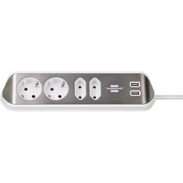 Brennerstuhl - Toma de escritorio Estilo de 4 vías incluyendo 2 USB 2 metros blanco/plata