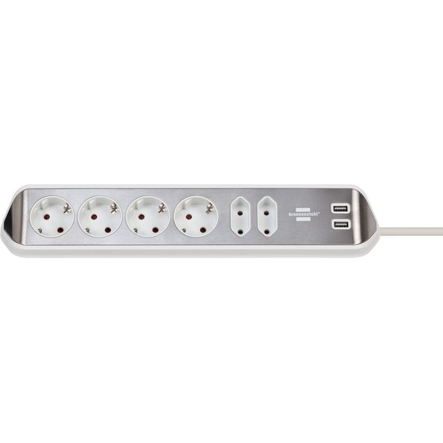 Brennerstuhl - Presa da tavolo Estilo a 6 vie incluse 2 USB 2m metri bianco/argento