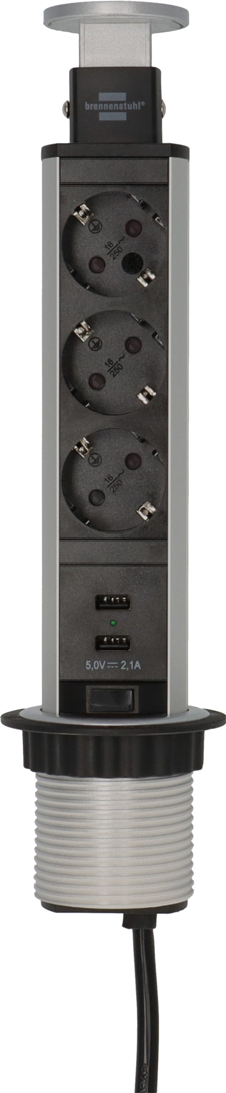 Brennerstuhl - Ciabatta a torre a 3 vie con 2 USB da 2 metri nero/argento