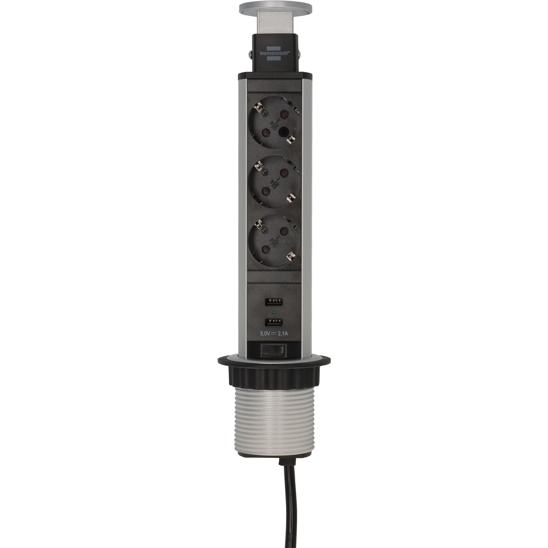 Brennerstuhl - Power strip tower 3-way including 2 USB 2 meters black/silver