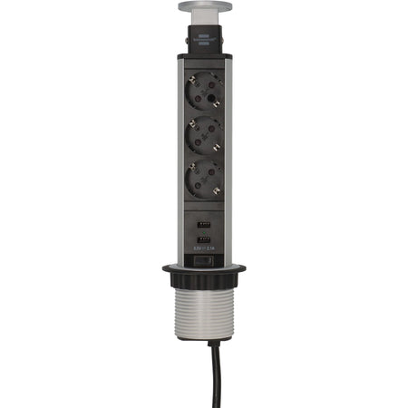 Brennerstuhl - Ciabatta a torre a 3 vie con 2 USB da 2 metri nero/argento