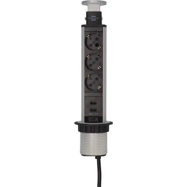Brennerstuhl - Regleta torre de 3 vías con 2 USB 2 metros negro/plata