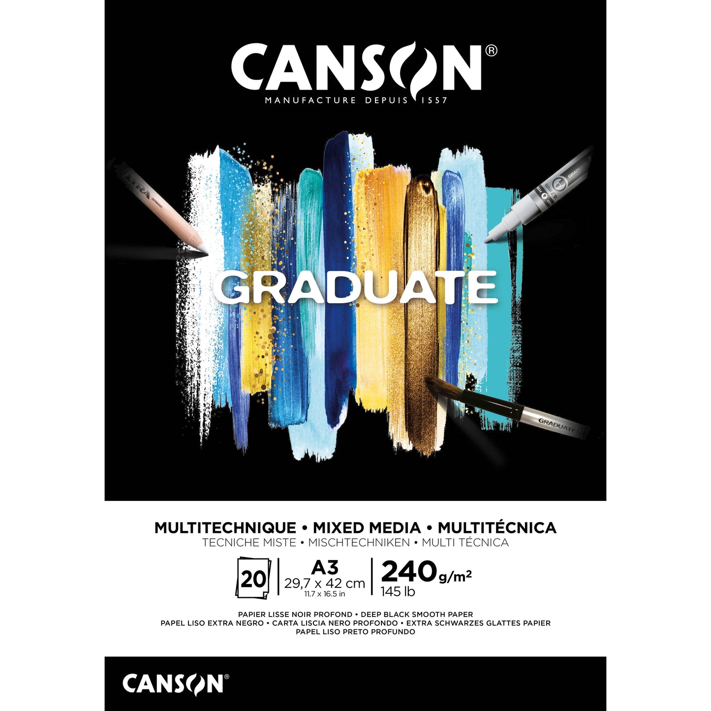 Canson - Papel Mixed Media Graduate Mixed Media 20 hojas 240gr A3 negro