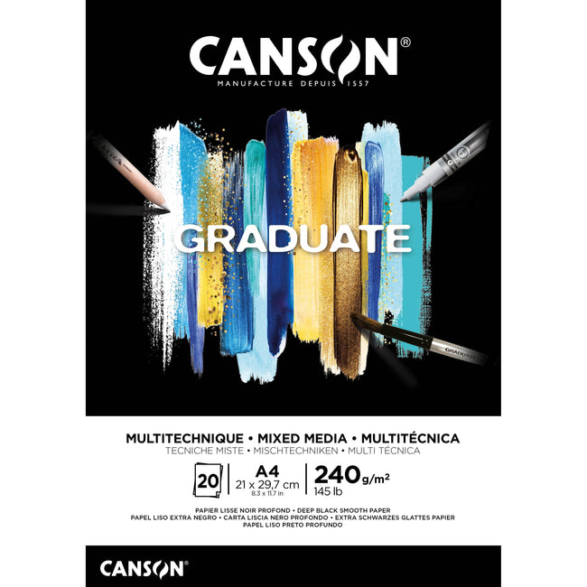 Canson - Carta tecnica mista Graduate Mixed Media 20 fogli 240gr A4 nero | 5 pezzi