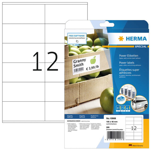 HERMA - Etiquette Power 10908 105x48mm blanc 300 pièces