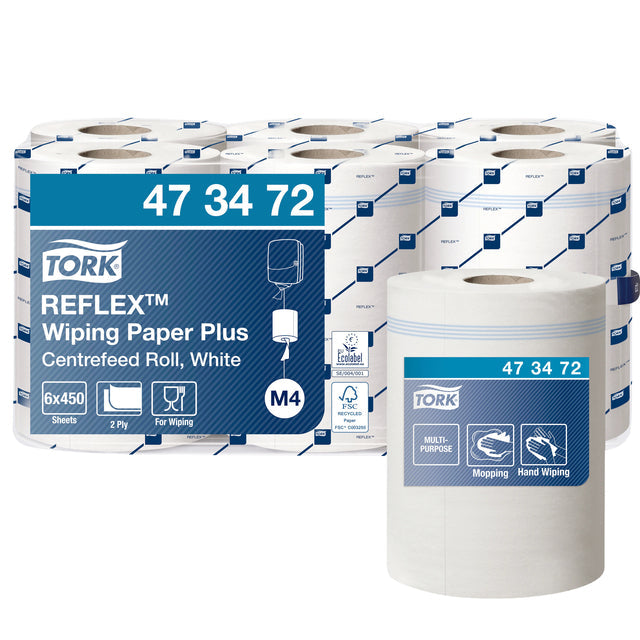 Tork - Poetsrol Reflex plus 2 pattes blanches 473472 | Roulez un 1 morceau | 6 morceaux