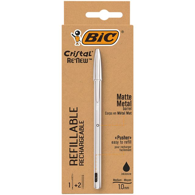 BIC -  Balpen Cristal Re-new medium zilver + 2 vullingen zwart | 11340 stuks