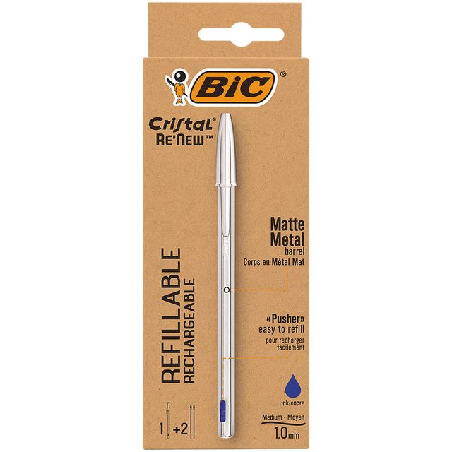 BIC - balpen Cristal Re-new, zilveren lichaam, blauwe inkt, doos met 1 stuk en 2 navullingen