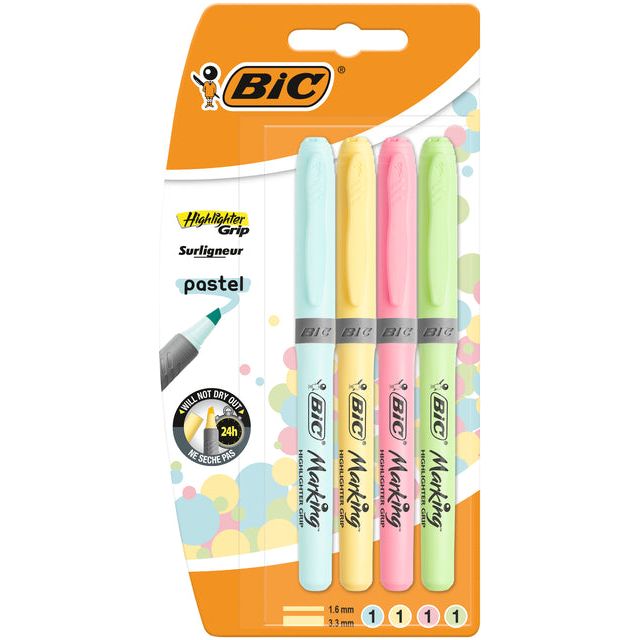 Bic - markeerstift Highlighter Grip tel, blister van 4 stuks in geassorteerde kleuren