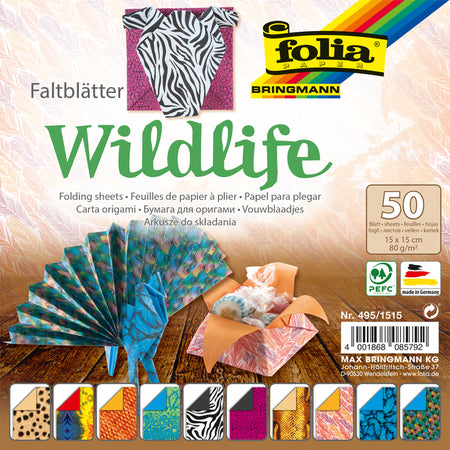 Folia Paper - Faltblätter Folia 80gr 15x15cm 50 Blatt 2-seitig 10 Wildtiermotive | 140 Stück