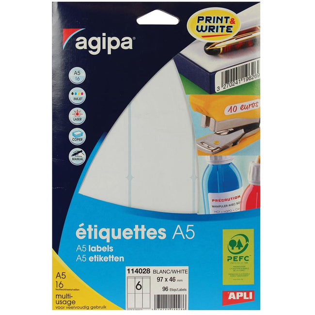 Agipa - Agipa witte etiketten Print Write ft 97 x 46 mm (b x h), 96 stuks, 6 per blad