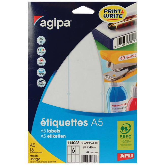 Agipa - etichette bianche Stampa Scrivi ft 97 x 46 mm (l x h), 96 pezzi, 6 per foglio
