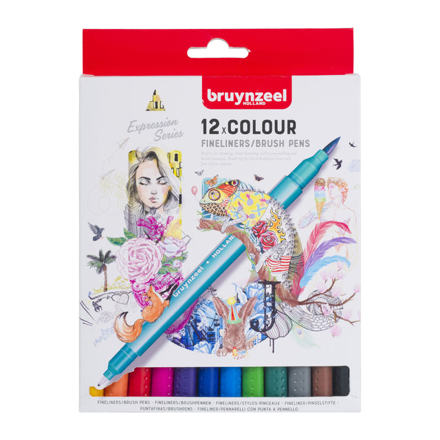 Bruynzeel - Fineliner brush pen bruynzeel set 12 kleuren | 6 stuks