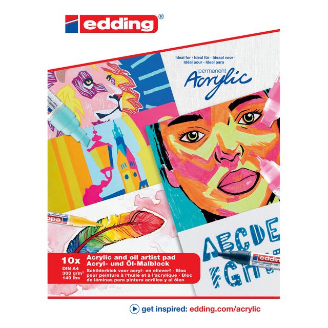 Edding - e-30010 acryl- en olieverfblok, 10 vellen, wit, A4