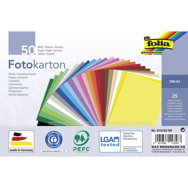 Papel Folia - Cartulina fotográfica Folia 2 caras A5 270gr 50 hojas 25 colores