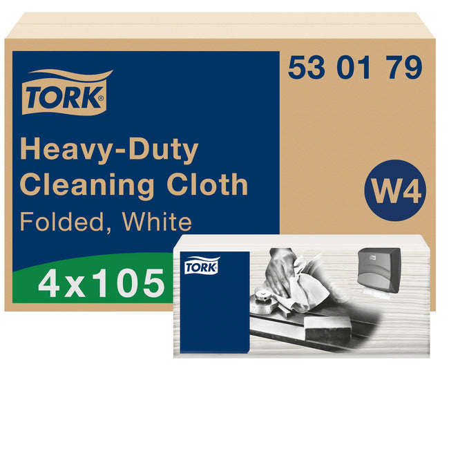 Tork - Chiffon de nettoyage W4 Heavy Duty plié 1 pli 4x105 feuilles blanc 530179