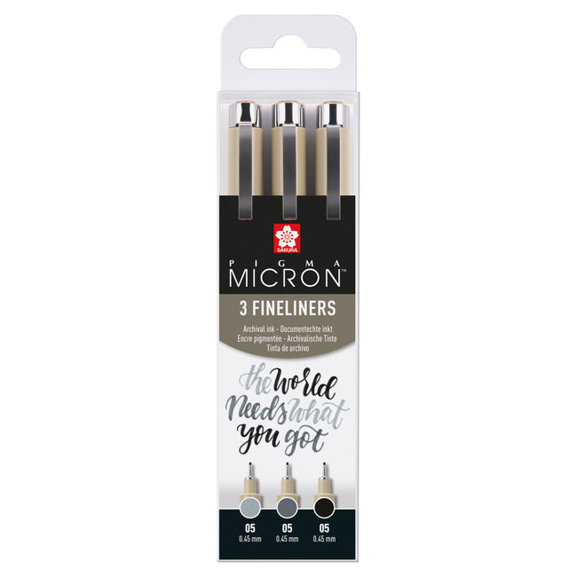 Sakura - Fineliner Pigma Micron 05 set negro gris 3 tamaños | 6 piezas
