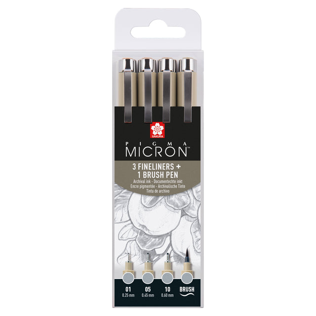 Sakura - Fineliner Pigma Micron Gris clair 4 tailles | Régler un 4 morceau